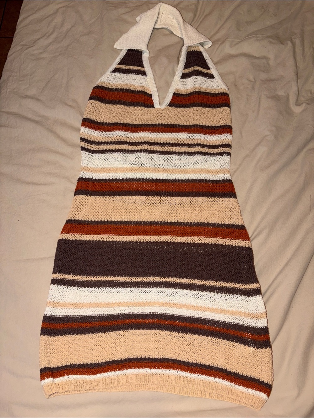 Striped Halter Knit Dress in Cream, Tan & Brown